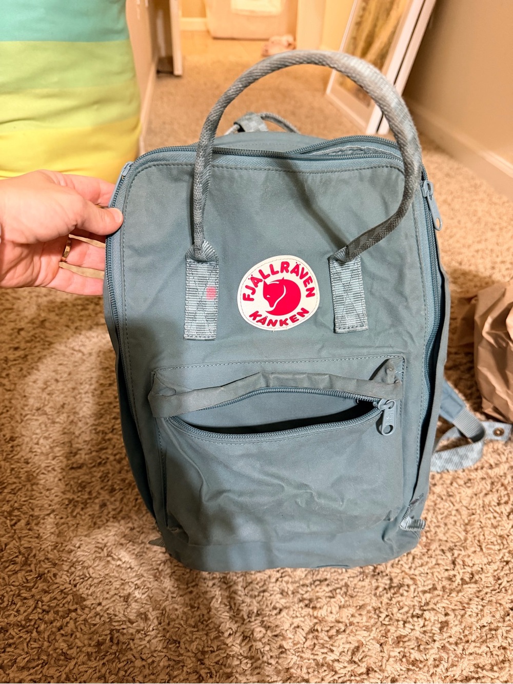 Kånken Men's Backpack in Teal with checkered/gingham strap design + accessories